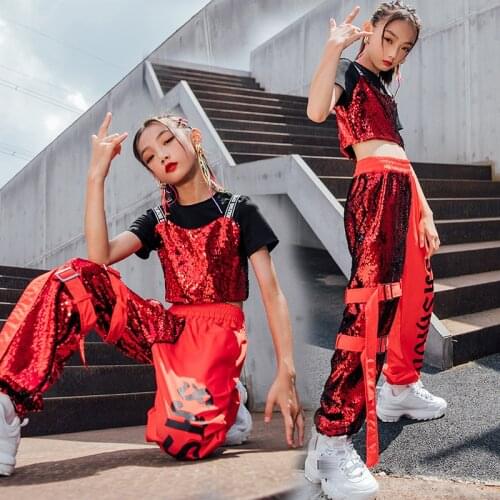 Red Sequined Crop Tops Pants Hip Hop Costumes Girls Jazz Dance Wear Short Sleeve Performance Clothes Kids Stage Costumes BL6400