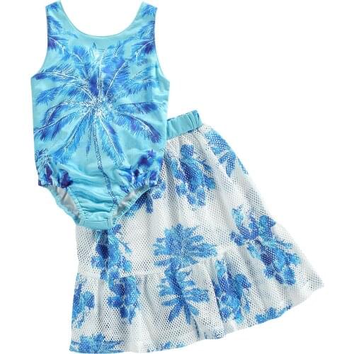2Pcs Toddler Summer Swimsuit Coconut Tree Print Sleeveless Swimwear + Hollow Short Skirt for Girls 1-5 Years