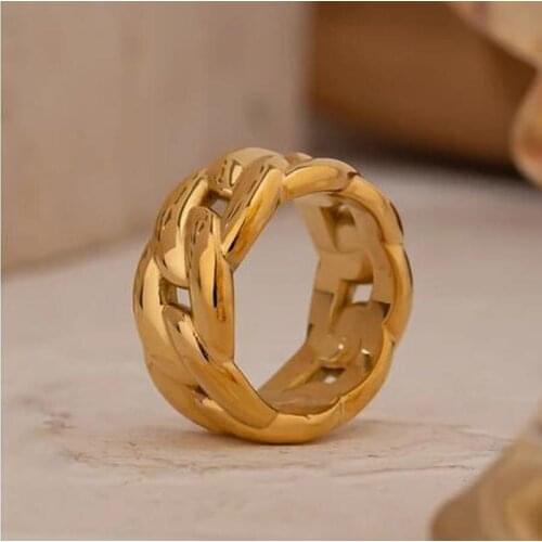 Minimalist Metal Texture Chain Ring for Women Stainless Steel Round Gold Color Statement Ring 18 K Plated Party Gift