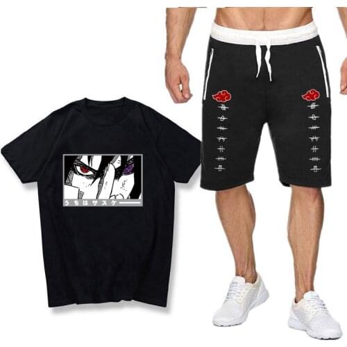 Harajuku Anime Kakashi Sasuke 2021 New Mens Sportswear Clothing Summer Suit Short-Sleeved T-Shirt + Shorts 2-Piece Set