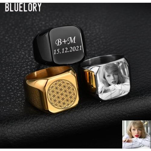 Bluelory Punk Stainless Steel Square Custom Name Rings For Men Women Personalized Engraved ID Logo Photo