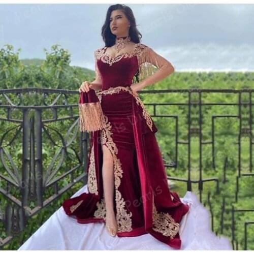 Burgundy Velvet Evening Dress with Detachable Train High Neck Appliques Morocco Kaftan Mermaid Celebrity Muslim Prom Party Dress