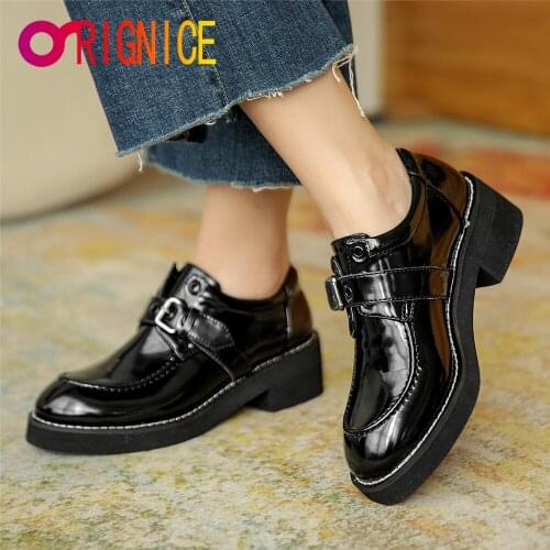 Orignice Women Patent Leather New Spring Autumn British Style Brogue Shoes Buckle Round Toe Office Ladies Platform Thick Heels
