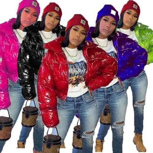 Casual Solid High Collar Windproof PU Leather Short Versatile Warm Cotton Clothing Winter Jacket Women