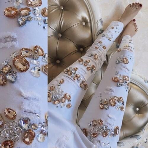 With Luxury Beading Diamond Ripped Jeans Femme Pants Stretch White Jeans Female Hole Jeans Woman Thin Denim Pencil Pants