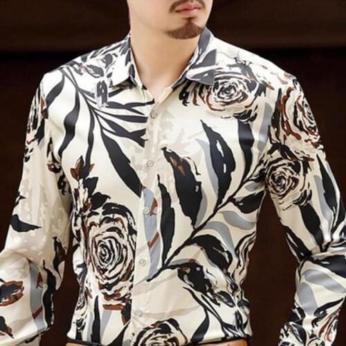 Spring Autumn Smart Casual Mens Printed Pattern Long Sleeve Shirt Blouse , Male 3XL Floral Slim Shirts , Fall Blouses For Men