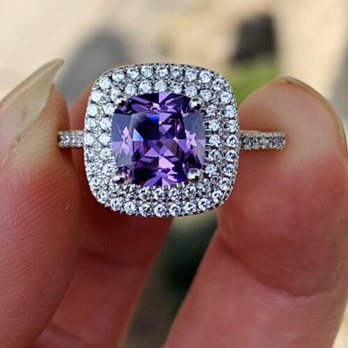 Rulalei Stunning Luxury Jewelry 925 Sterling Silver Cushion Shape Purple 5A Zircon CZ Stone Women Wedding Band Ring Gift
