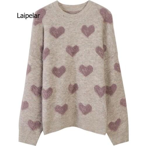 Heart Pattern Knit Pullover Sweater Women Jumper Winter Korean Kawaii Cute Long Sleeve Fluffy Sweater Female