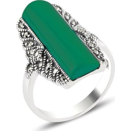 Silver 925 Sterling Green Agate & Marcasite Ring