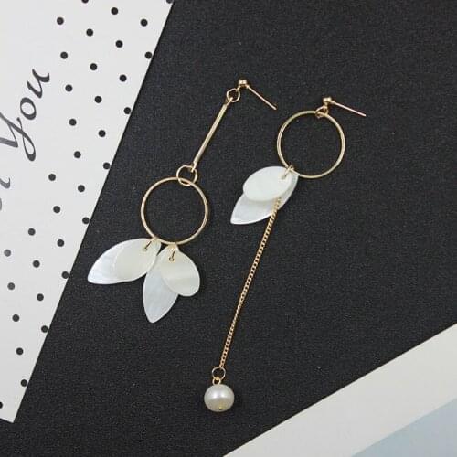 Fashion BigEllipse Asymmetry Shell Round Stone Long Drop Earrings Jewelry One Word Alloy Earrings Women Girls Accessories HE1024