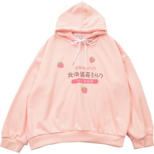 Harajuku Kawaii Strawberry Milk Graphic Sweatshirt Hoodie Women Streetwear Winter Plus Size Women Loose Thin Hoodie Cute Clothes