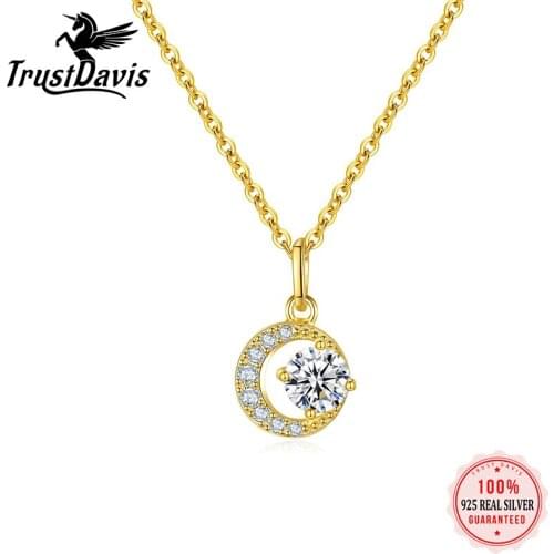 TrustDavis 925 Sterling Silver Fashion Zircon Moon Pendant Clavicle Chain Necklace For Women Shiny High-end Wedding Jewelry L105