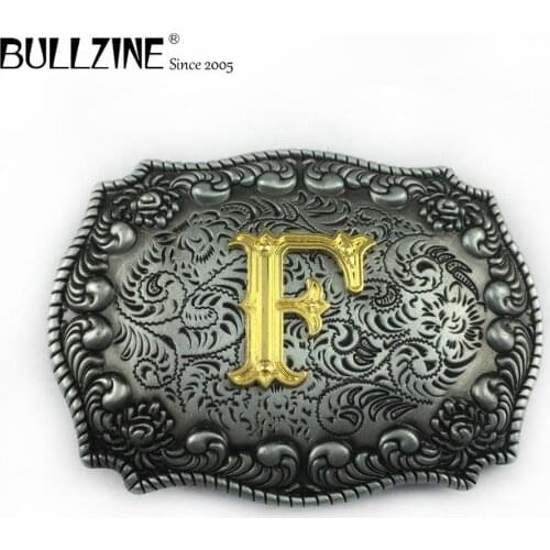 The Bullzine letter F belt buckle with pewter and gold finish FP-03687-F suitable for 4cm width belt