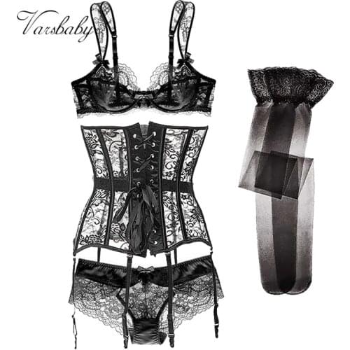 Varsbaby ultra-thin transparent large size underwear sexy floral bra + panties + sexy shapewear + stockings 4pieces/lot