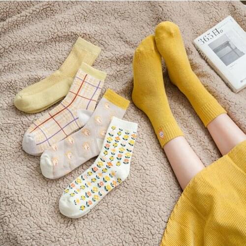 Yishine 10 Pairs Winter Autumn Womens Fashion Candy Yellow Flowers Printed Cotton Casual Warm Socks