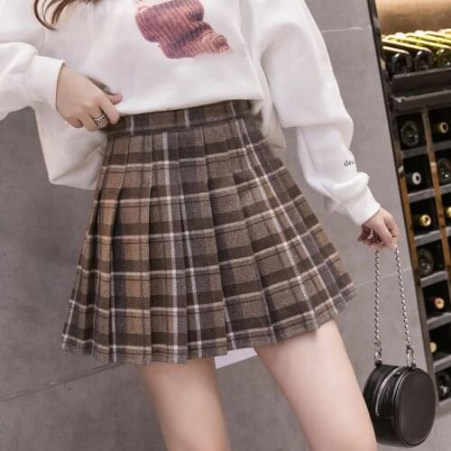 Womens Plaid Pleated Woolen A-line Mini Skirt High Waist With Lining Female Short Skirts 2021 Winter Autumn Girls Preppy Style
