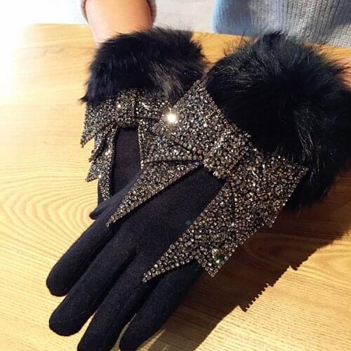 Womens Winter Wool Touch Screen Gloves Rhinestone Luxury Bowknot Fur Gloves Female Mittens Cashmere Warm Gloves Luva