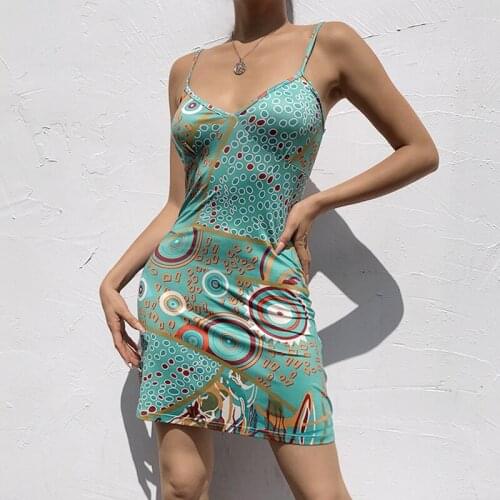 Ladies Short Suspender Dress Women Summer Sexy Geometric Printing V-Neck Sleeveless Slim Slip Dress Green