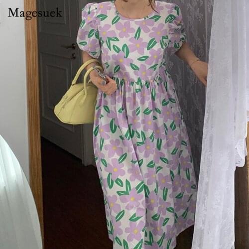 2021 Summer Women Floral Dress Chic Korea Puff Sleeve Flower O-neck Purple Dress for Women Cute Sweet Loose Dress Vestidos 15713