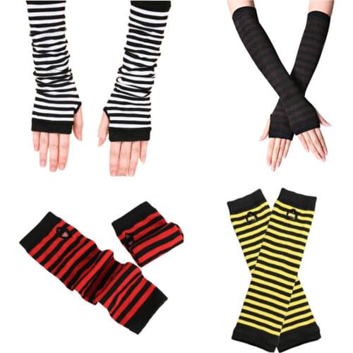 1Pair Women Long Fingerless Gloves Fashion Striped Elbow Gloves Knit Mittens Work Gloves