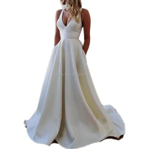 1113 V-neck natural A-line floor-length matte satin long evening dresses/party gowns open back bow&pockets free shipping