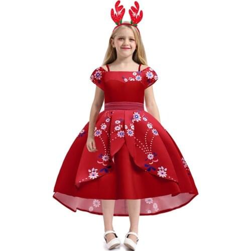 2021 Flower Carnival Kids Red Christmas Dress For Girls Clothing Baby Girl Party Princess Dress Costume Vestidos Shoulderless