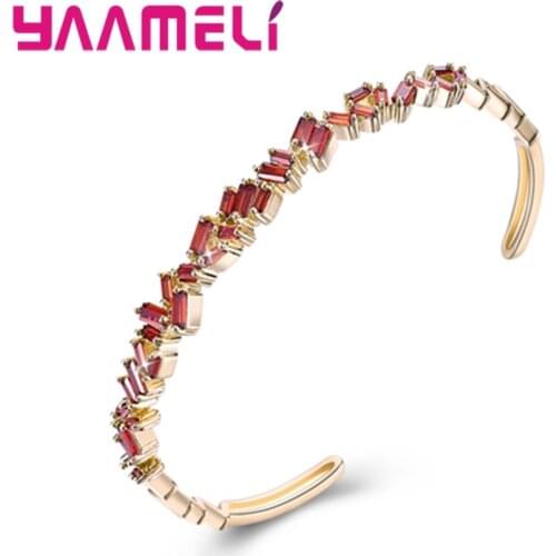 Noble Fashion Square Cut Cubic Zirconia Shinning Crystal Opening Cuff Bangle Bracelet 925 Sterling Silver For Women