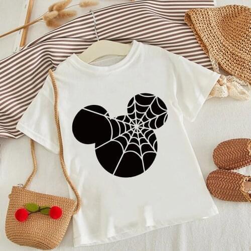 Kids Disney Mickey Mouse Head Spider Web Print T-shirt Children Harajuku Cartoon Tshirt Kawaii White Top HAPPY HALLOWEEN T Shirt
