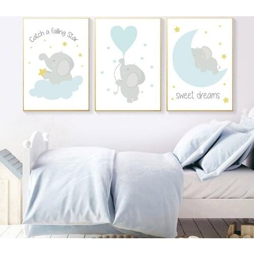 Blue Cute Elephant Star Canvas Posters Prints Baby Nursery Wall Art Painting ChildrenNordic Kids Baby Room Decoration Picture