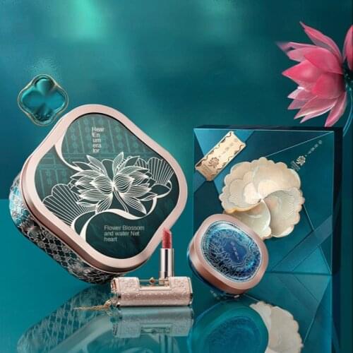 GY Xizi One Stem with Two Lotuses Makeup Box Flower Expo Lipstick Female Face Powder Chinese Style Makeup Set Gift Box