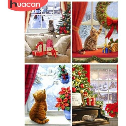 HUACAN Full Square Diamond Painting 5d Christmas Cat DIY Diamond Embroidery Animal Mosaic Needlework Wall Art