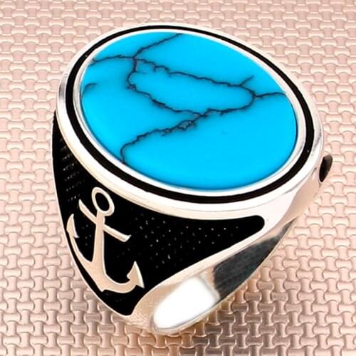 Sterling Silver Ring 925 Real Pure For Men Turquoise Stone Blue With Anchor Design Handmade Turkish Jewelry