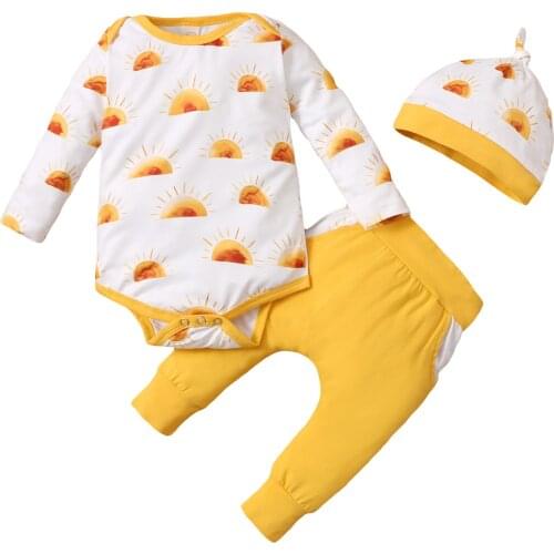 2021 0-18M Infant Baby Boy Girl Clothes Set Fall Cartoon Sun Print Long Sleeve O Neck Romper+Yellow Harem Pants+Hat Casual 3pcs