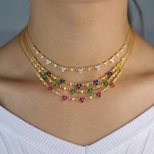 2019 minimal short choker women micro pave red blue green white three stone drop cz necklace elegance engagement fashion jewelry