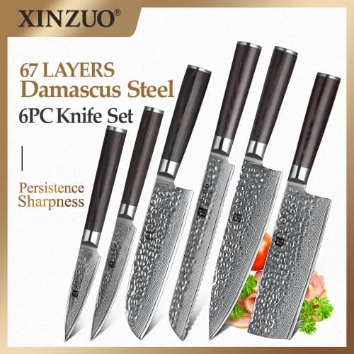 XINZUO 6 PCS Kitchen Knife Set VG10 Paring Cleaver Santoku Utility Chef Bread Knife Japanese Damascus Steel Kitchen Knife Sets