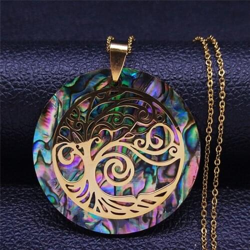Stainless Steel Abalone Chain Necklace Women Gold Color Big Round Tree of Life Pendant Necklaces Jewelry collier NXS04