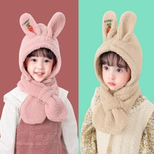 2020 New Childrens Hat and Scarf Two-piece Suit Rabbit Ears Cute Baby Ear Protection Winter New Lamb Cashmere Cold Warm Hat