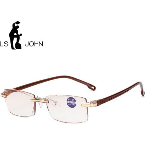 LS JOHN Anti Blue Light Blocking Rimless Reading Glasses Women Men Square Frameless Presbyopic Glasses Diopters +1.0 to +4.0
