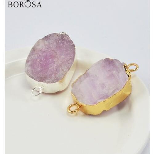 BOROSA Oval Natural Stone Druzy Connector for Bracelets Gold Silver Plated Drusy Pendant Charms for Women Necklace Jewelry G1990