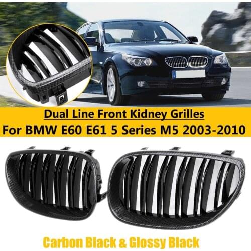Pair Car Carbon Gloss Black Dual Line Front Kidney Grilles Replacement For BMW E60 E61 5 Series M5 2003 2004 2005 - 2009 2010