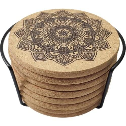 8pcs/ Set Nordic Mandala Design Round Cork Coasters Premium Wooden Coffee Cup Coasters With Storage Stand Dining Table Decor