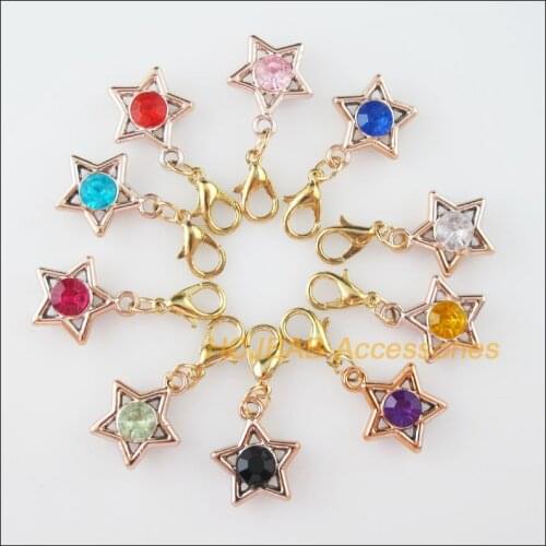 10Pcs KC Gold Plated Mixed Crystal Star Charms With Lobster Claw Clasps 15x17mm