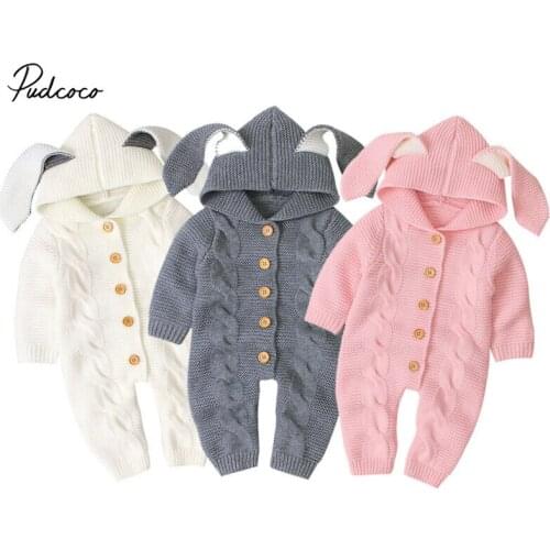 Pudcoco Knitted Romper for Newborn Infant Baby Boy Girl Overall 2020 Easter Rabbit Ear Hooded Jumpsuit Winter Warm Bottum Outfit