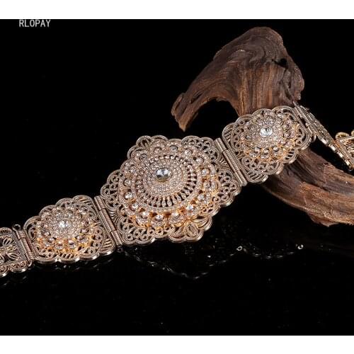 Luxury Gold Belts for Abaya Dubai Muslim Dress Crystal Bridal Gowns Jewelry Belts Hollow Flower Long Chain Wedding Belts