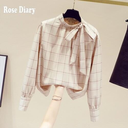 RoseDiary Long Sleeve Chiffon Plaid Blouse Women Tops Office Casual Button Up Women Shirts Fashion Bow Female Clothing Blusas