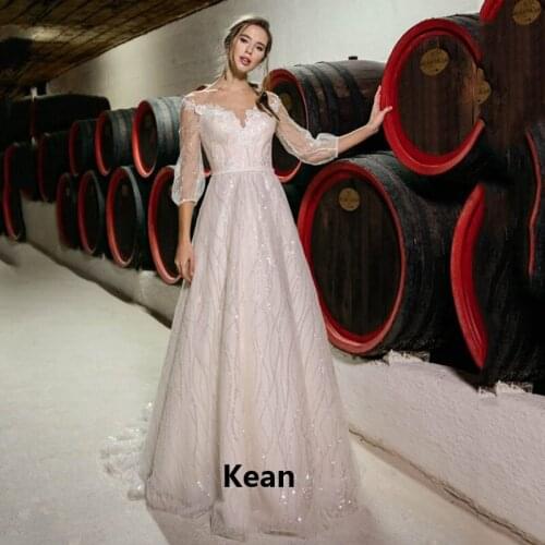 Deep-V Wedding Dress Puff Sleeve Sequin Lace Backless Dubai Arabic Robe De Mariee Custom Made New Arrival