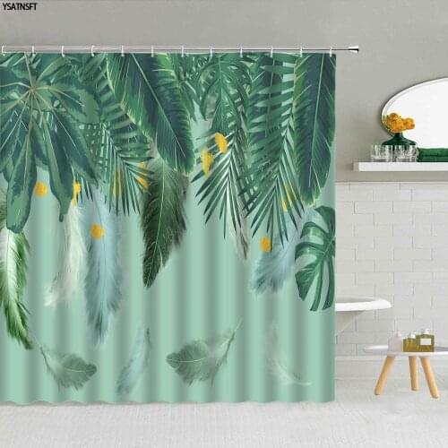 Tropical Plant Theme Shower Curtain Palm Leaf Green Background Colored Monstera Fabric Bathroom Supplies Hanging Curtains Decor