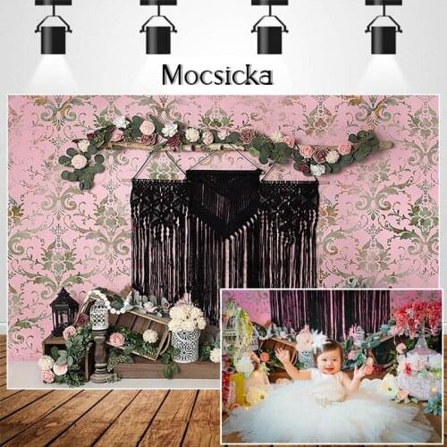 Spring Garden Cake Smash Photography Studio Photo Background Pink Flowers Decoration Children Birthday Backdrops for Photography