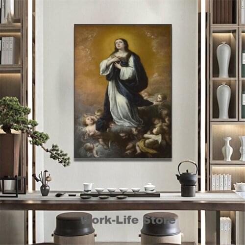 Vintage Spanish Bible Virgin Mary With Baby Figure Painting Portrait Canvas Painting Cleveland Museum of Art Wall Print Painting