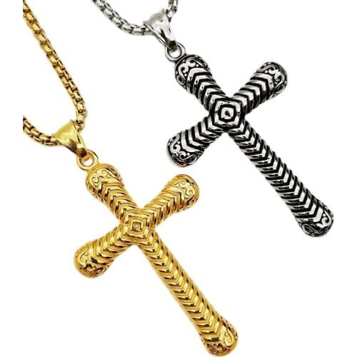 Vintage stainless steel Spiral carved cross pendant necklace mens classic hip hop PUNK cross necklace fashion